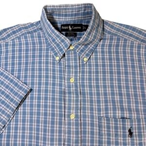 Ralph Lauren Mens Blaire Fit Blue Plaid Short Sleeve Button Down Shirt L